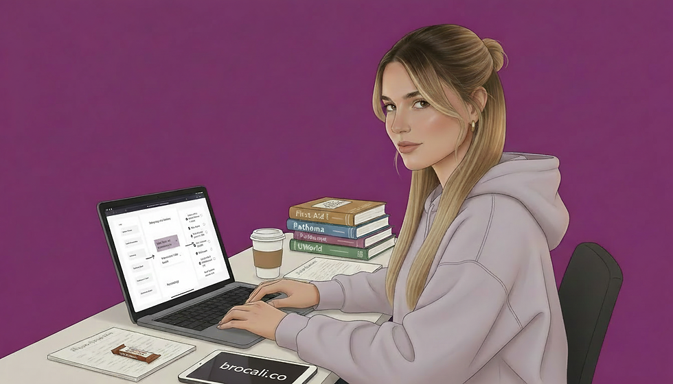 Woman in hoodie using a laptop at a desk with books and coffee. Purple background. Text on laptop and book. Focused mood.