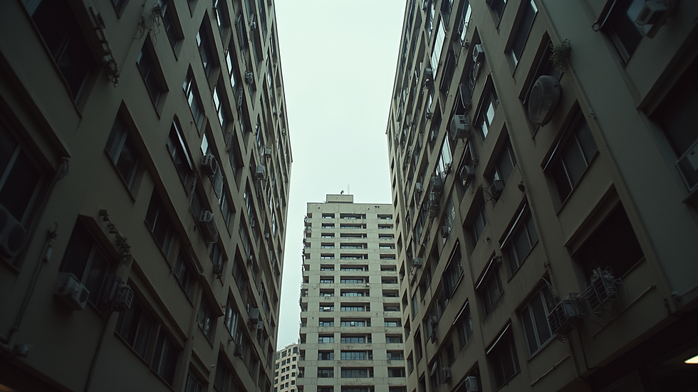 Eye-level view of a crowded apartment building