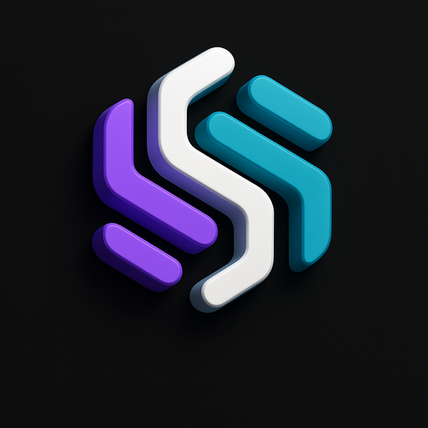 logga med 3D effekt i färgerna lila, vit och turkost.