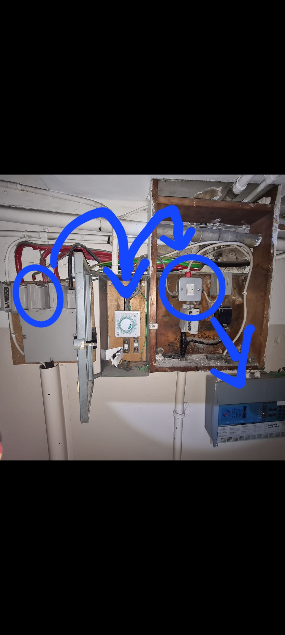 flow of electricity from main switch to timer to fire panel