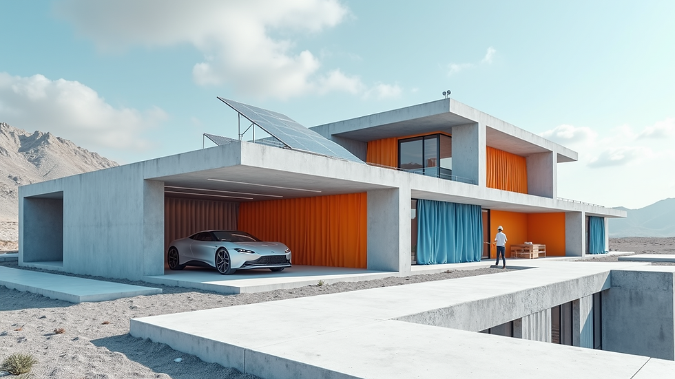 Wide angle view of a sustainable building with solar panels on the roof