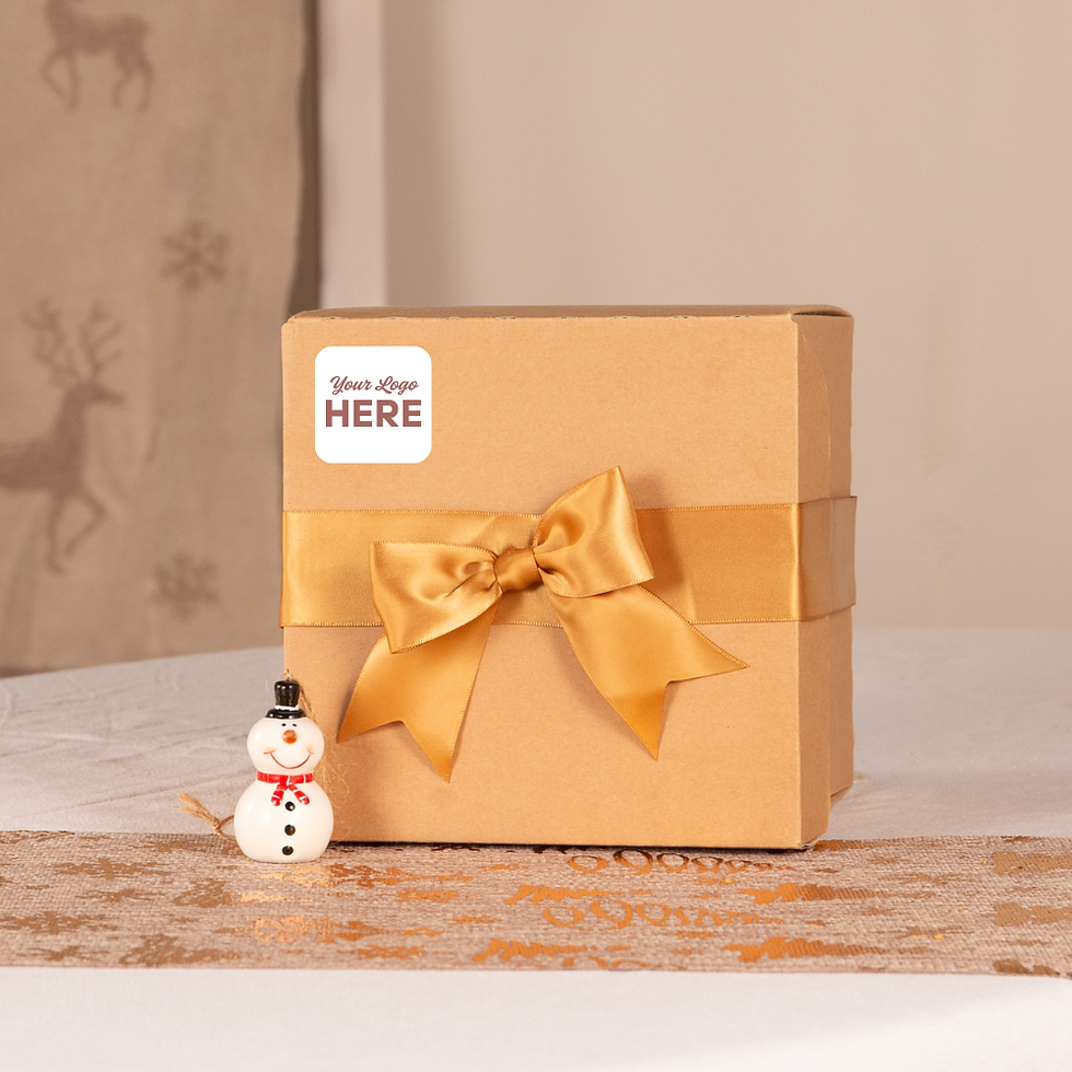 Recyclable kraft gift box with ribbon and branded tag on a light background