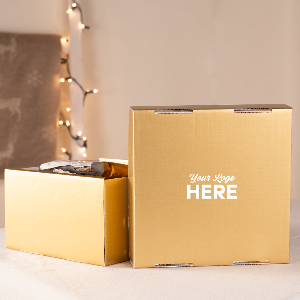 Gold corporate gift box with branded label, designed for Christmas gifting