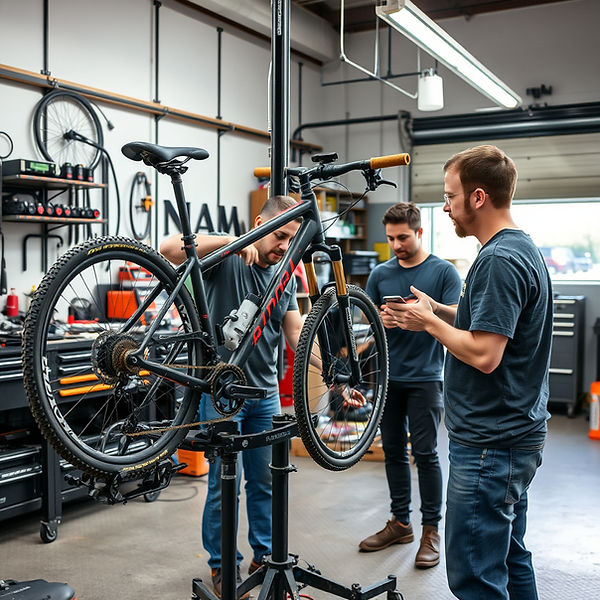 Bike mechanic working within a bike on the workstand and teaching students.jpg