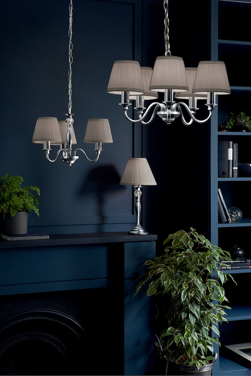 Thumbnail: Laura Ashley Ellis Polished Chrome 3 Light Chandelier with Grey Shades