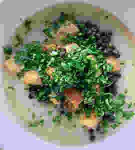 Cauliflower Potato Soup with Sourdough Croutons and Black Lentils
