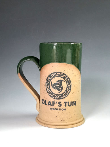 Hand-thrown, hand-stamped and glazed bespoke ceramic tankards. Limited edition batch, Olaf's Tun Craft Ale Bar, Southampton