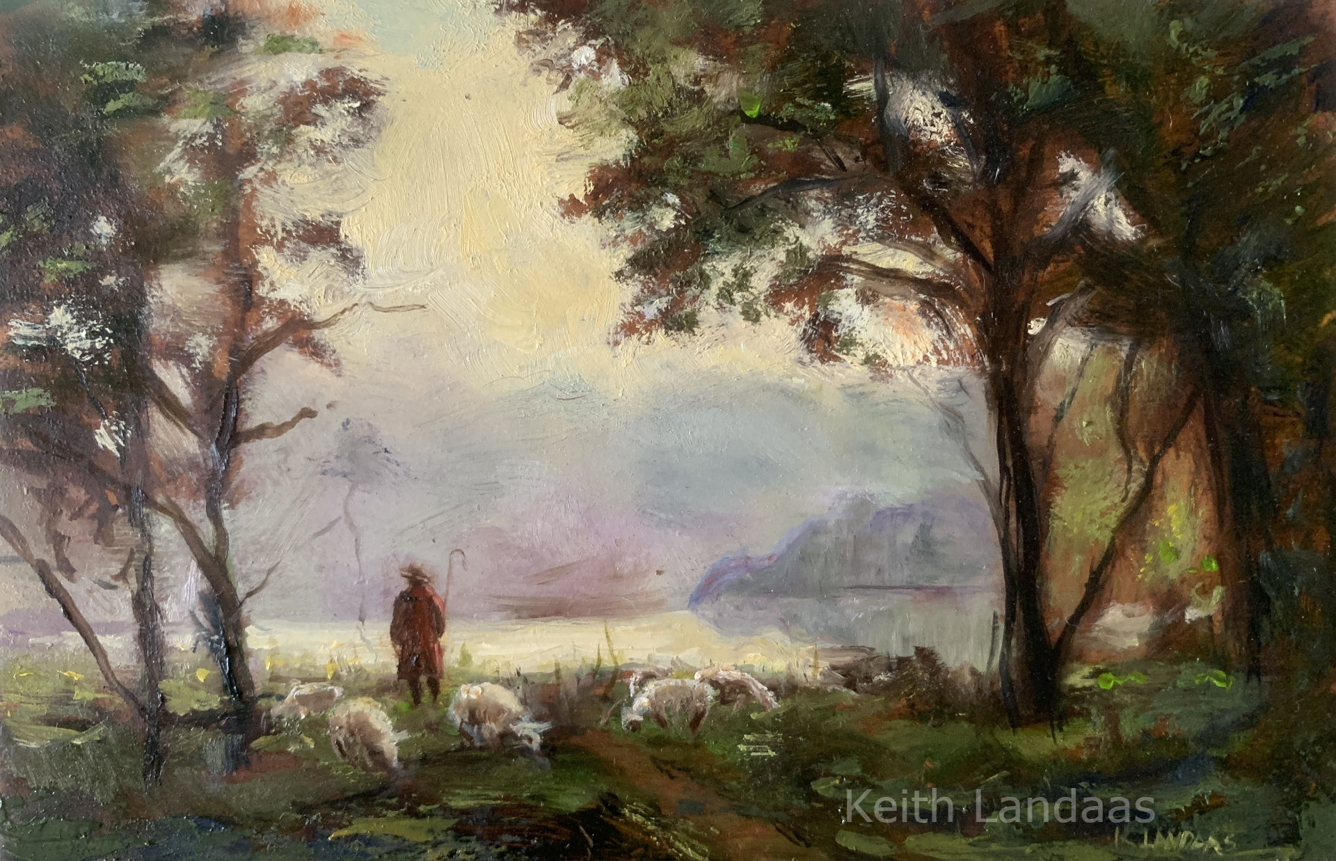 Lakeside Shepherd and sheep - Original Oil painting - by Keith Landaas