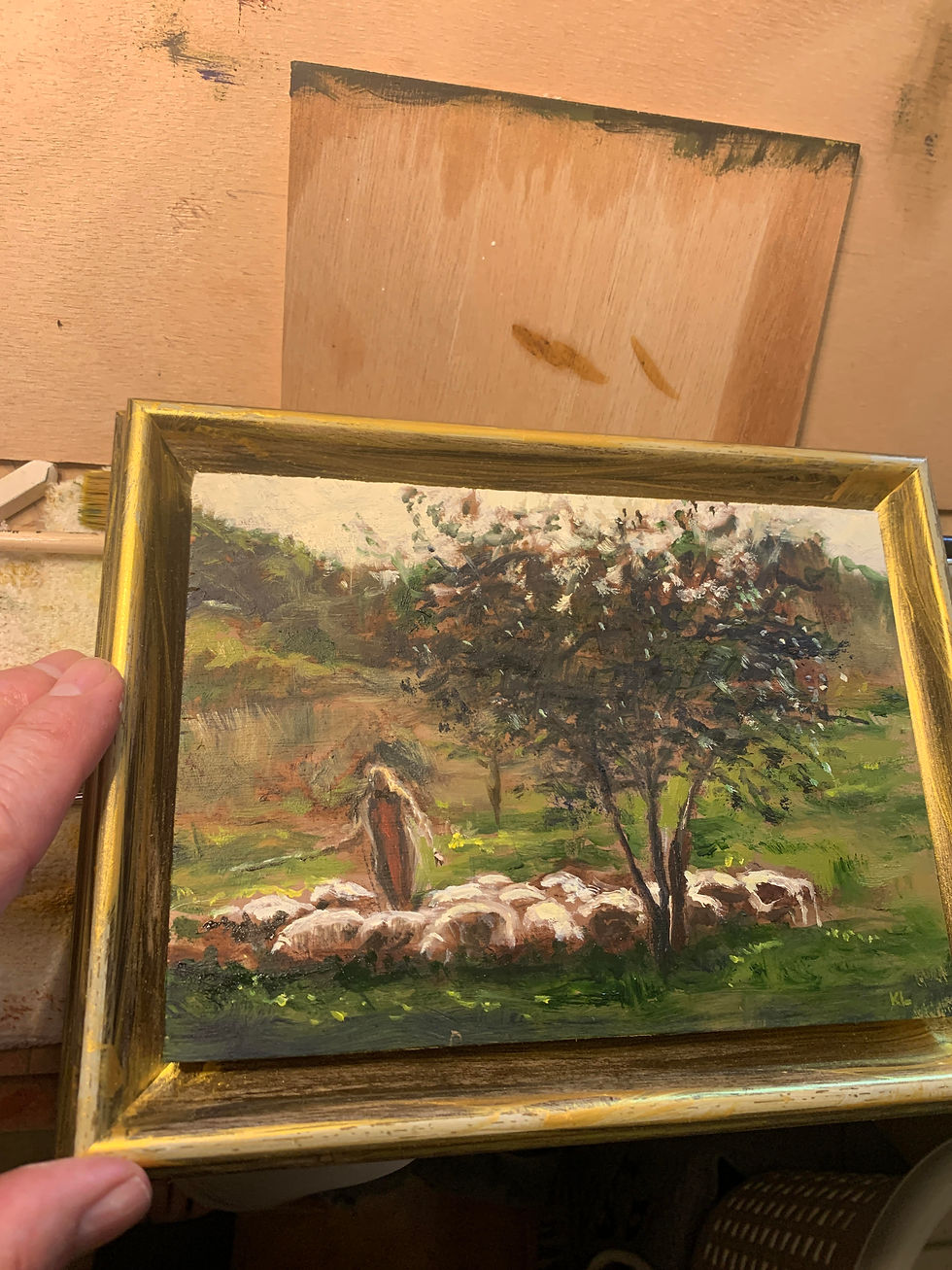 Μικρογραφία: Original Oil painting- Shepherd herding sheep - By Keith Landaas
