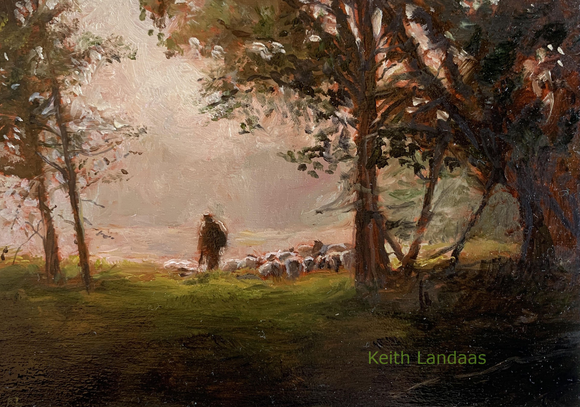 Original Oil painting- Shepherd and sheep in meadow II- Keith Landaas