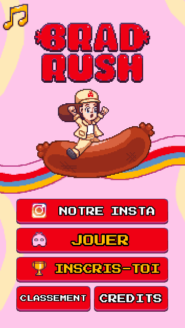 Menu principal du jeu interactif BRAD Rush en pixel art, développé par SIRO GAMES pour une animation marketing et événementielle