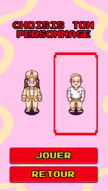 Interface utilisateur et écrans de navigation du jeu BRAD Rush, mini-jeu marketing en pixel art jouable sur smartphone