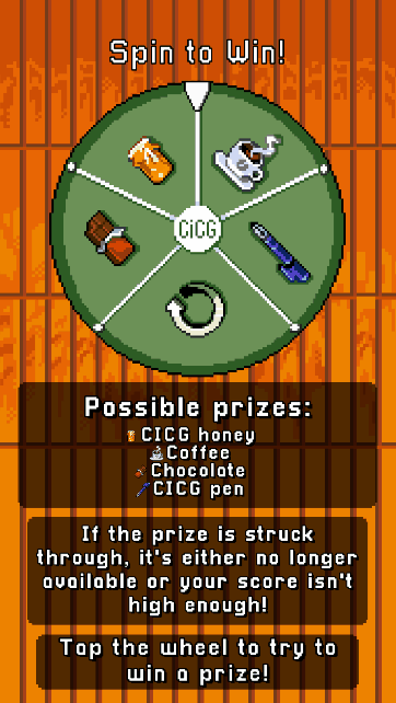 Écran de fin du mini-jeu CICG avec roue de la chance et message indiquant aucune récompense gagnée.