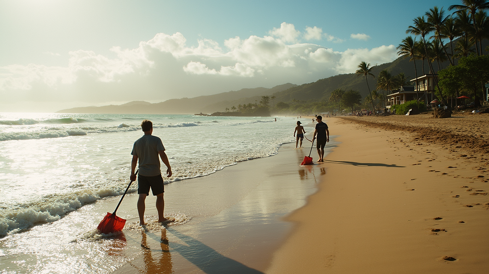 High angle view of volunteers cleaning a Haleiwa beach
