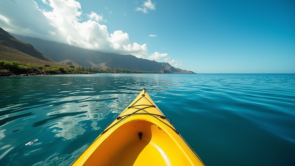 Wide angle view of a kayak gliding over calm blue waters near a Hawaiian coastline