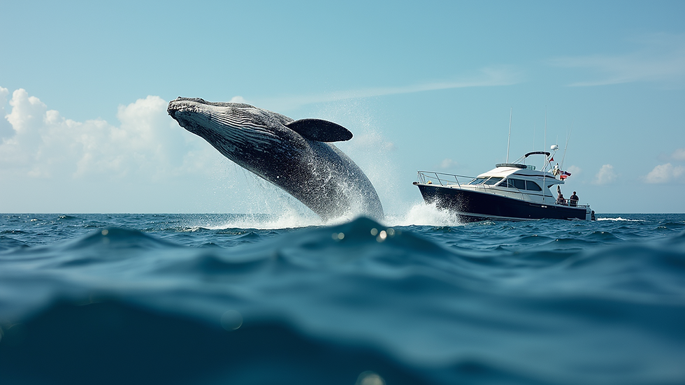 Eye-level view of a whale breaching near a boat on the ocean