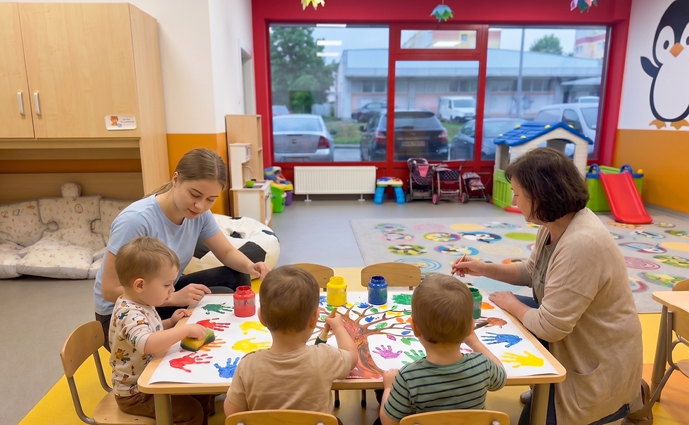 Dwoje opiekunów i troje dzieci malują kolorowe odciski dłoni przy stole w jasnej sali przedszkola z dużym oknem.