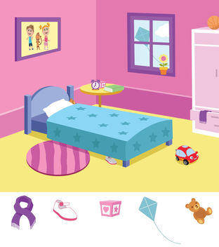 A room illustrated for the kids to find the hiddent objects made for a children's book. Vector illustration.
