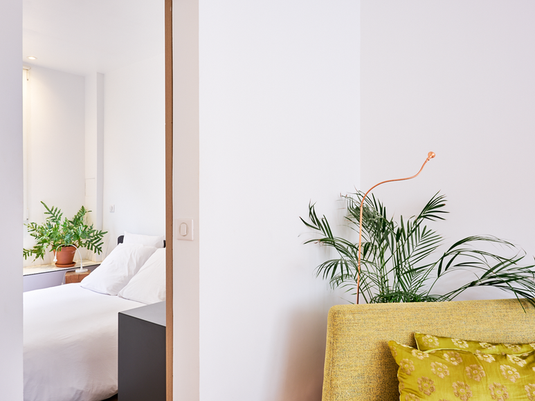 Vue du salon donnant sur la chambre avec plante et fauteuil dans un appartement Airbnb