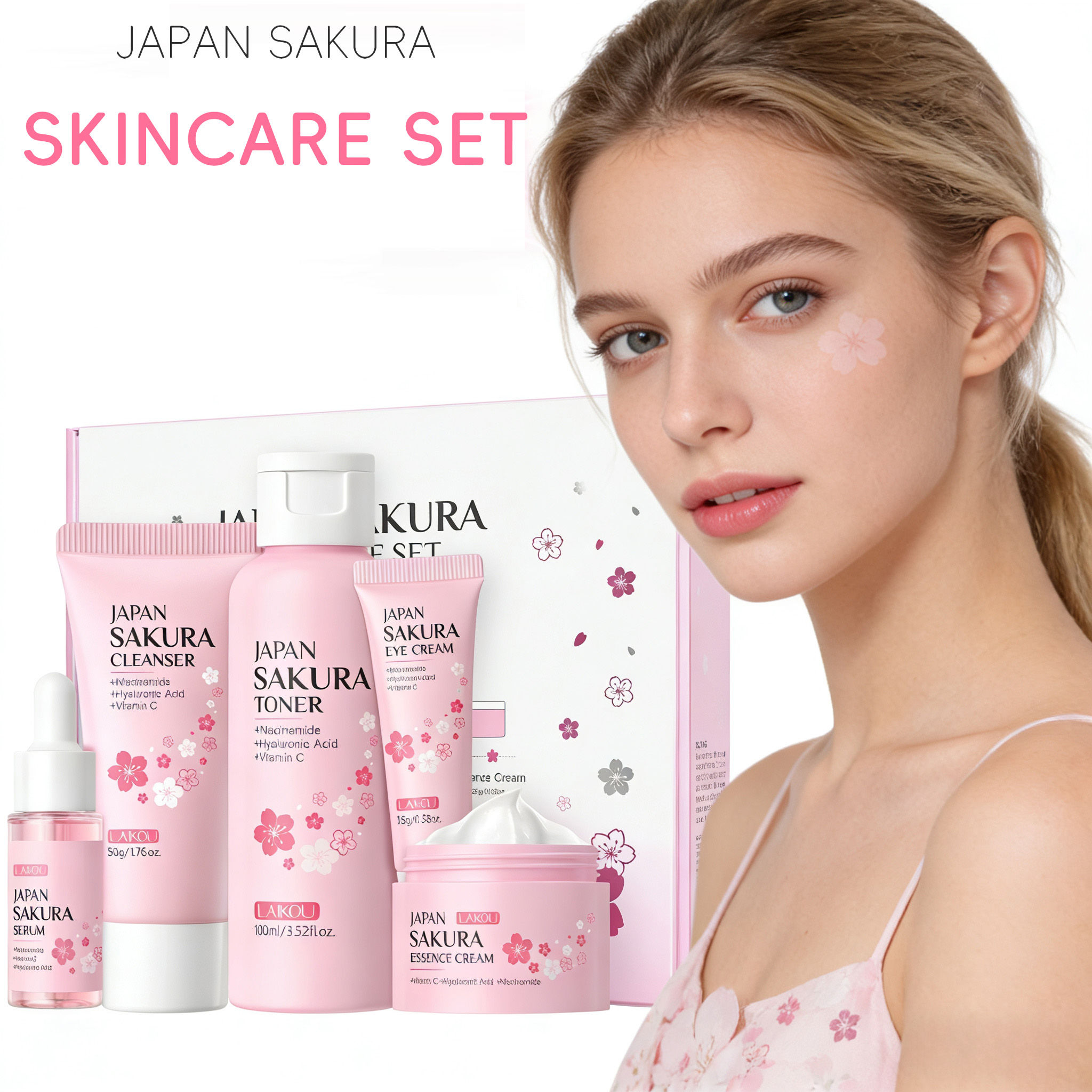 LAIKOU Sakura 5pcs Skin Care Kit Cleanser Toner Serum Eye Cream