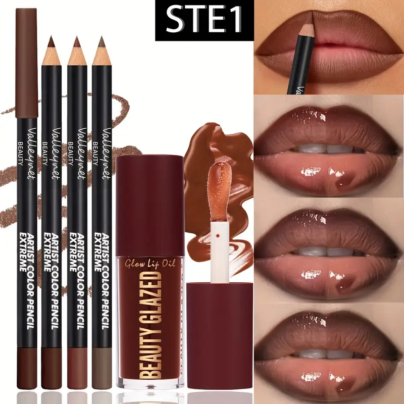 Thumbnail: 4pcs Dark Brown Lip Kit - Lip Liner + Lip Glaze, Waterproof & Long-Lasting