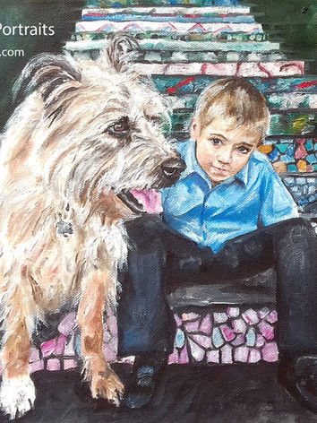 oil painting of boy on steps with dog