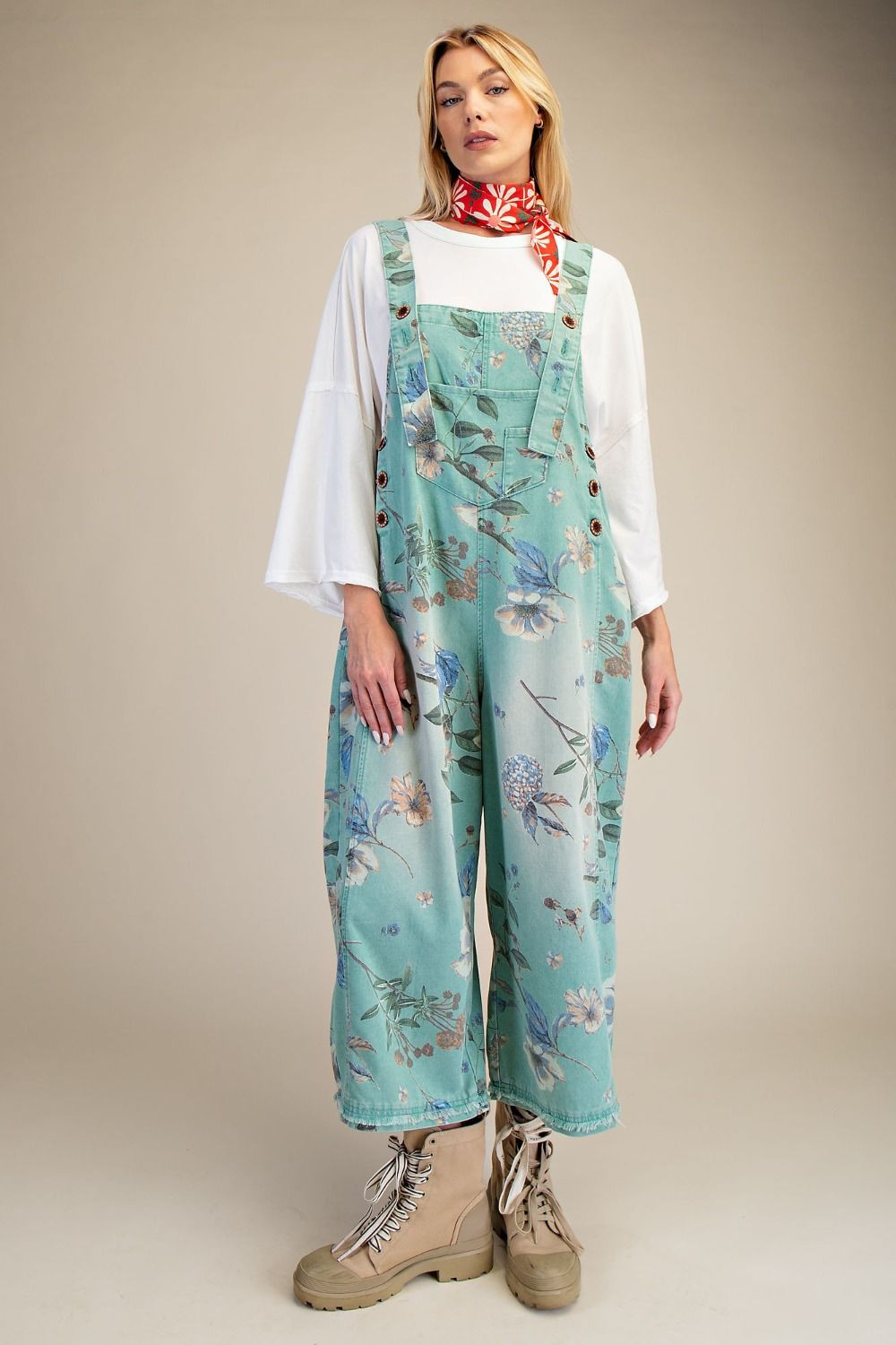 FLOWER PRINTED WASHED DENIM OVERALLS