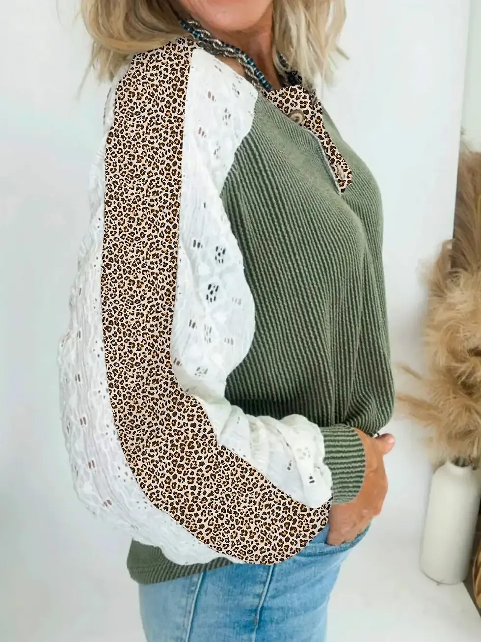 Thumbnail: Vineyard Green Twisted Ribbed Leopard Lace Contrast Patchwork Long Sleeve Top