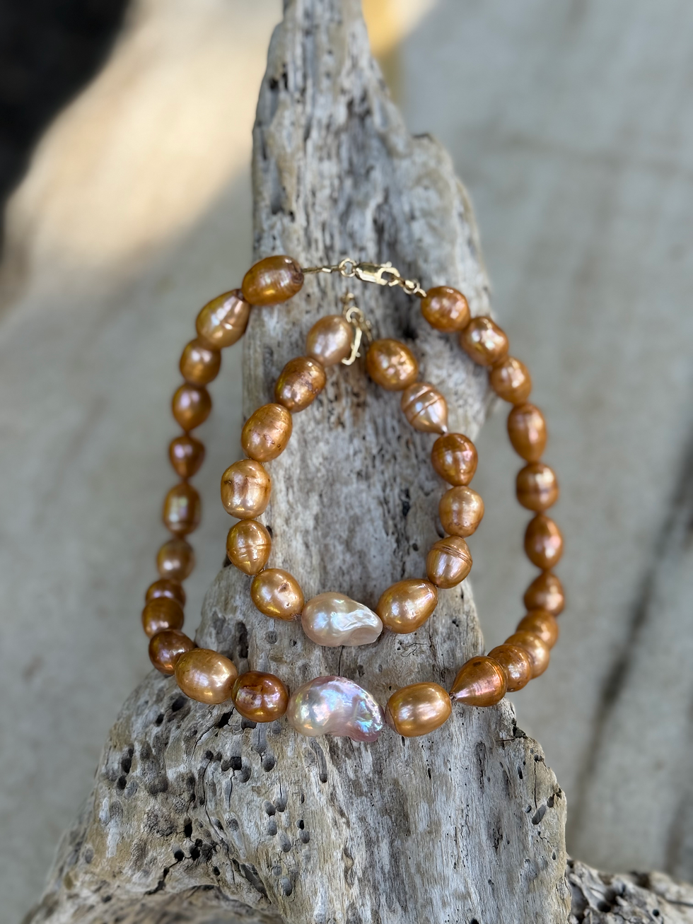 Thumbnail: Golden Pink Baroque Pearl Necklace with Freshwater Fireball Pearl 