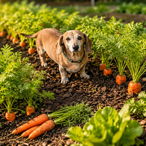Milly the miniature dachshund carrying a freshly picked carrot through the vegetable garden at Noughts & Crosses farm in Margaret River.