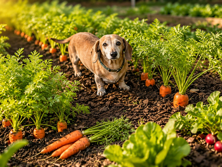 Milly the miniature dachshund carrying a freshly picked carrot through the vegetable garden at Noughts & Crosses farm in Margaret River.