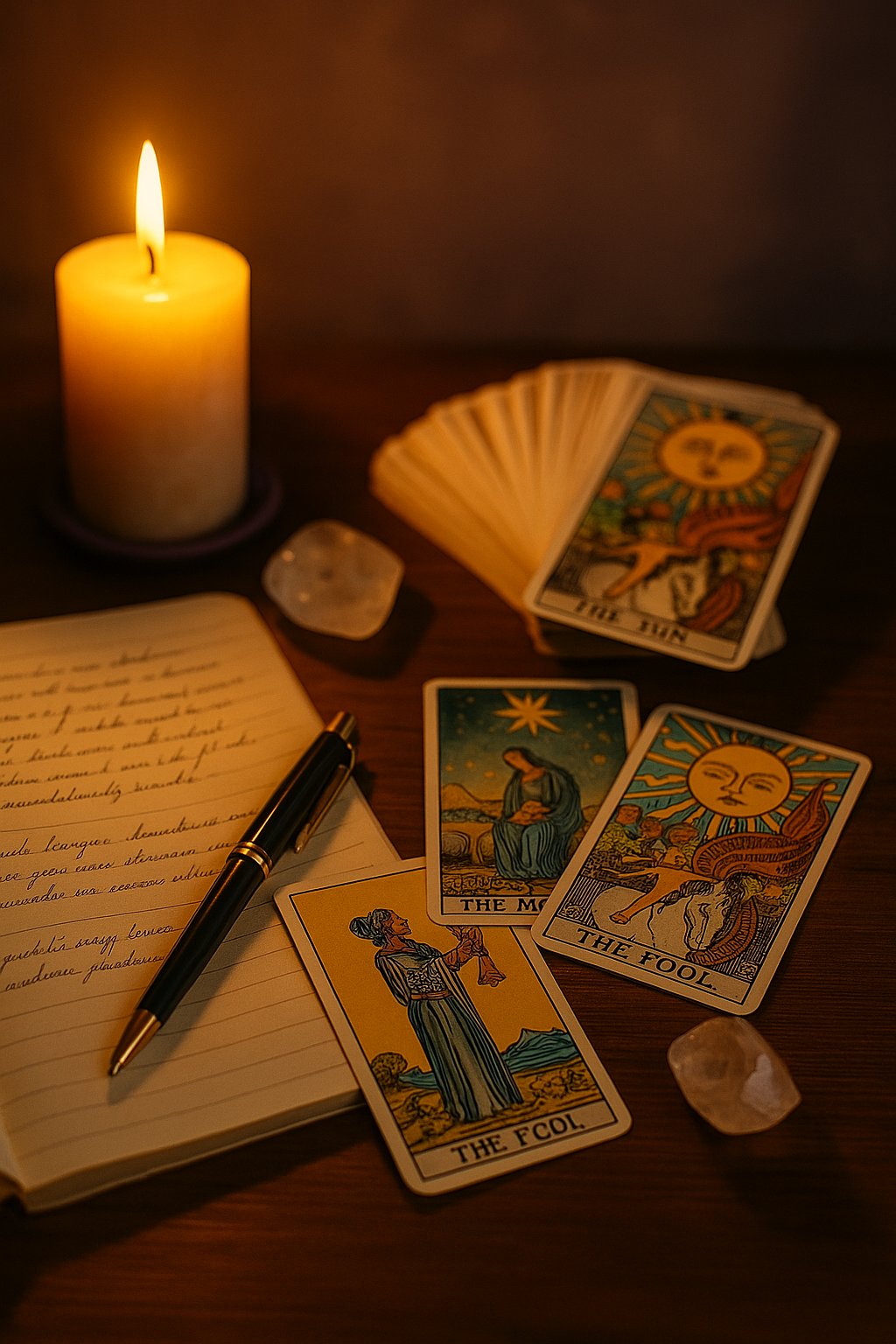 Velas, tarot, relógio e escrita; Consulta Integrada de Tarô e Astrologia sobre mesa escura.