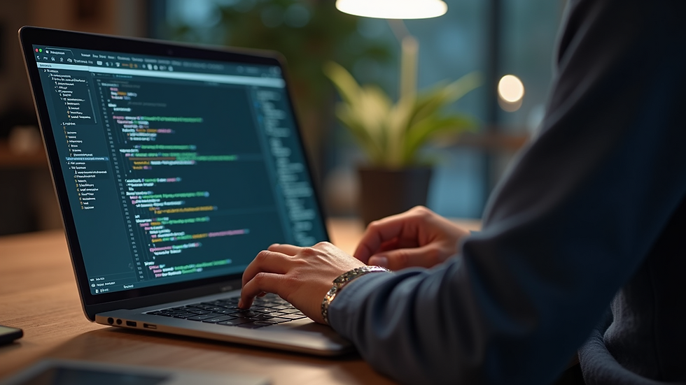 Close-up of a person coding on a laptop with Python IDE open