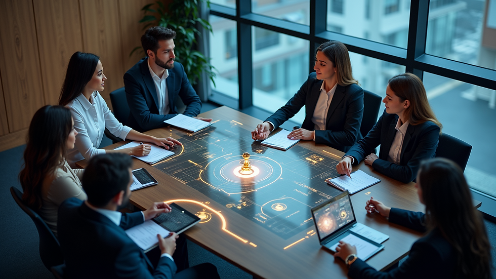 High angle view of a conference room with legal professionals collaborating