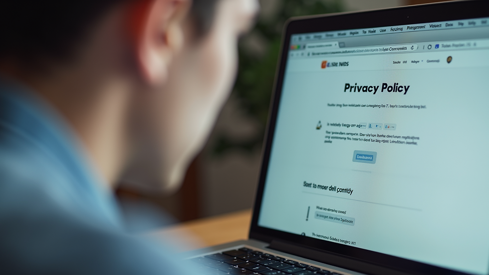 Close-up of a laptop screen displaying a privacy policy webpage
