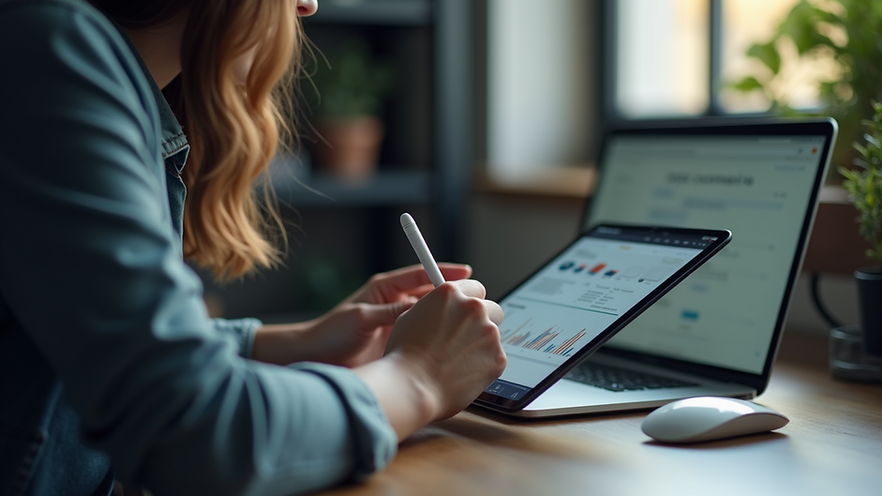 Close-up view of a person writing notes while watching an AI tutorial on a tablet
