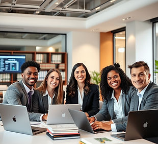 A happy and diverse group of lawyers using AI for Legal Research in a fancy and modern off