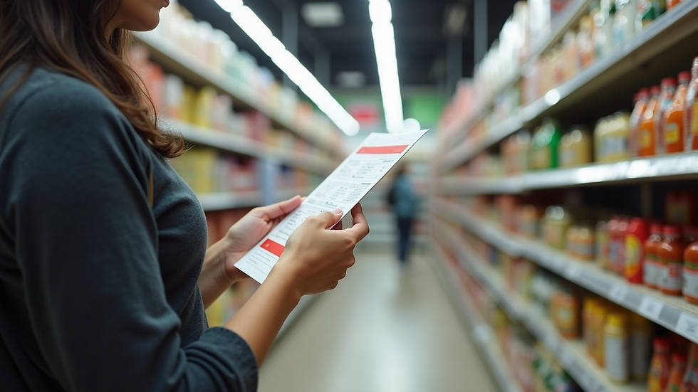 Eye-level view of a consumer reading a product label in a store aisle