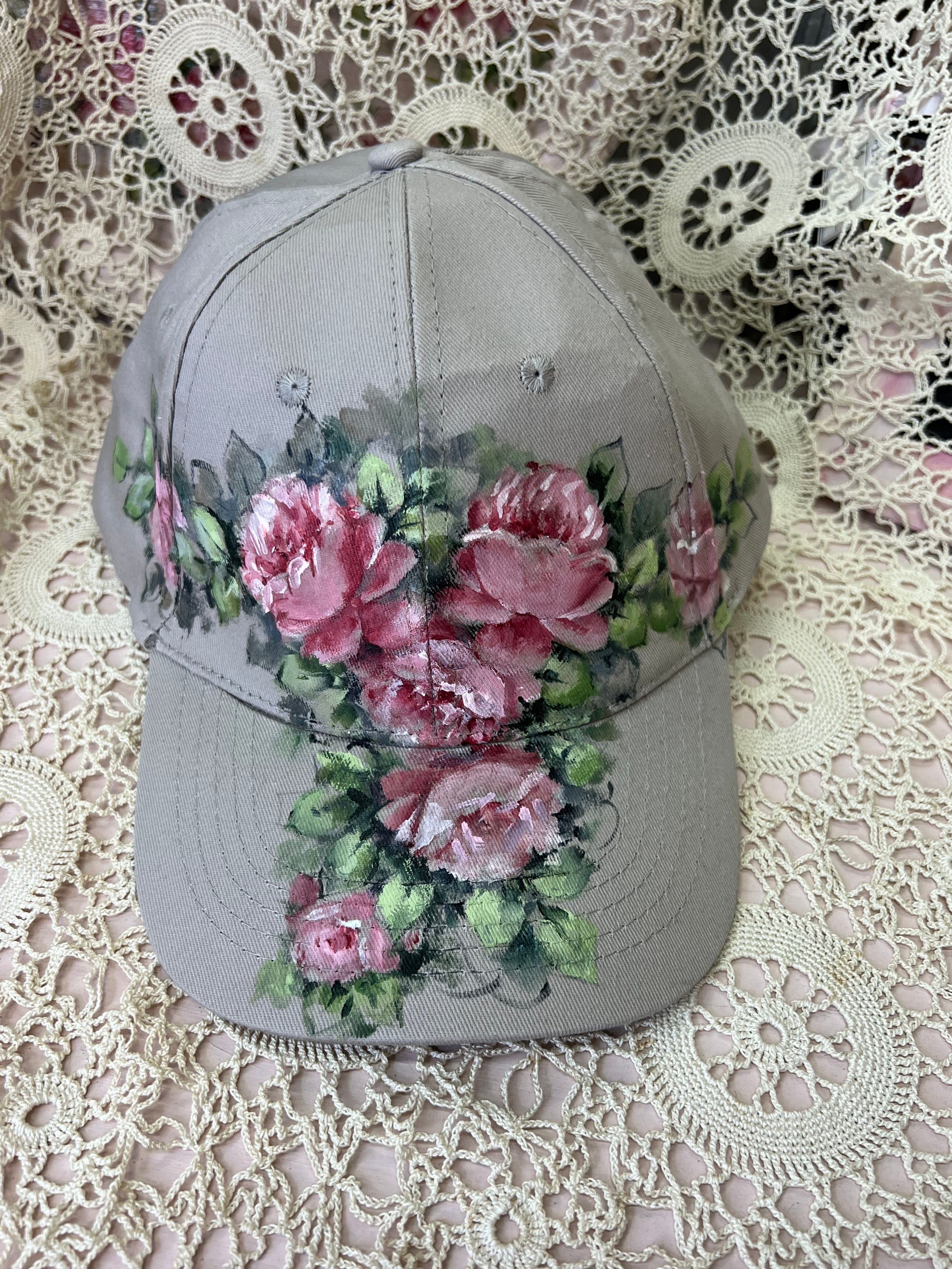 grey base ball cap with pink roses #4