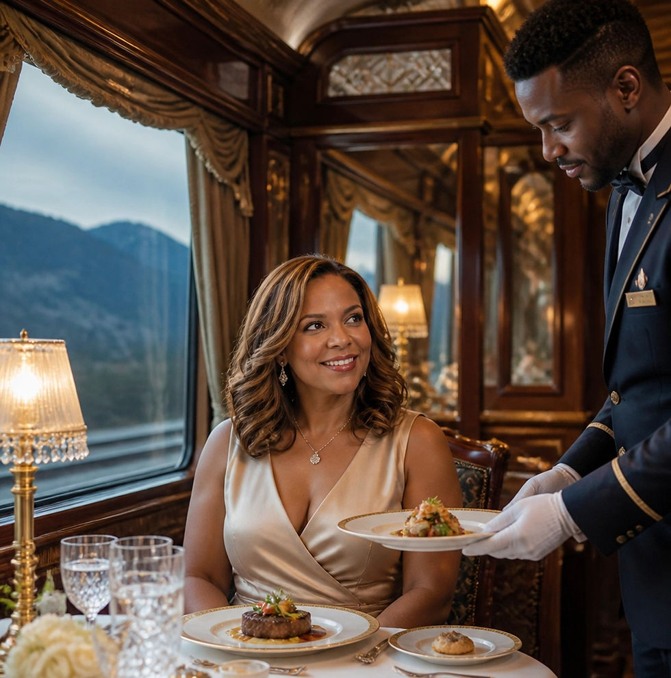 An elegant African American woman enjoying a gourmet multi-course meal in a vintage luxury dining car