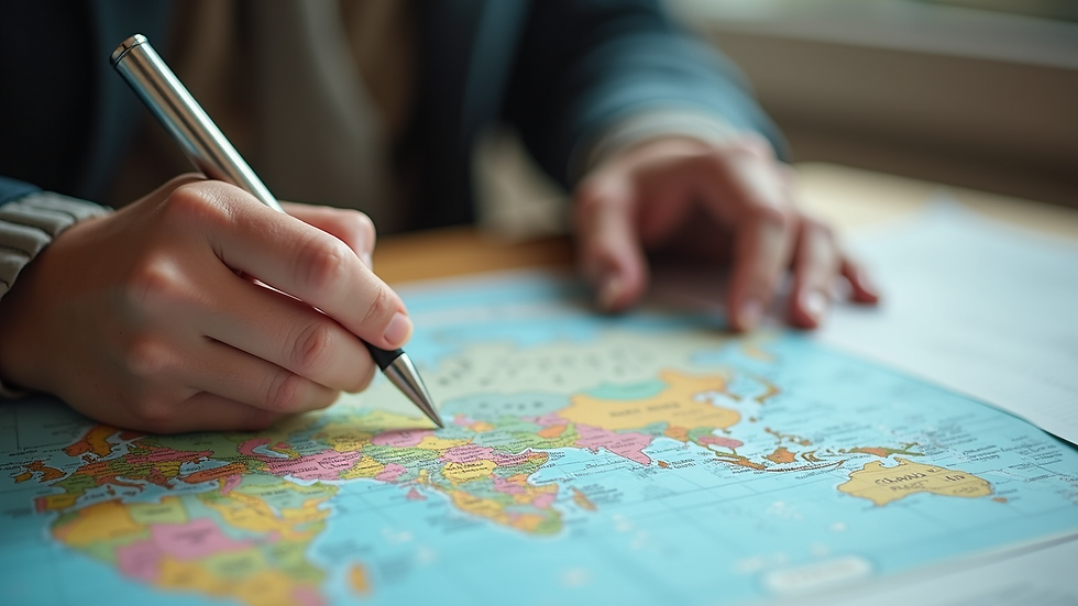 Close-up view of a travel consultation session with maps and notes