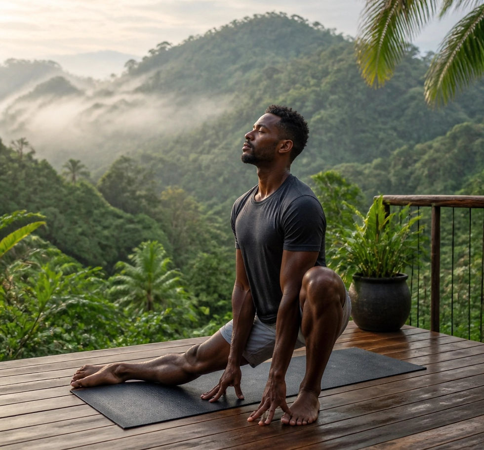 African American man practicing yoga overlooking a lush tropical rainforest