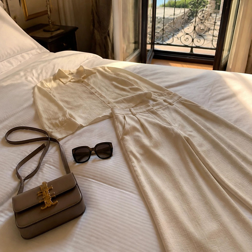 Cream-colored linen set laid out on a luxury hotel bed