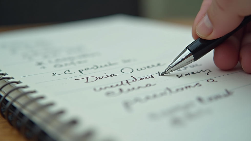 Eye-level view of a notebook with handwritten notes and a pen