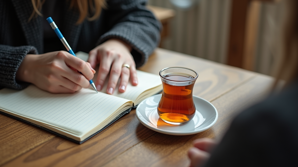 high angle view of a person writing in a notebook with a cup of tea nearby