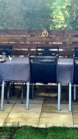 Tavolo da pranzo all'aperto con sedie e recinzione in legno.