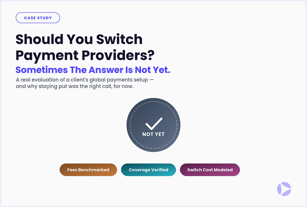 Case study graphic showing three steps for evaluating a payment provider switch: fee and coverage audit, platform-versus-process gap analysis, and cost-of-switching modeling