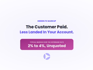 A landscape banner reading "The Customer Paid. Less Landed In Your Account," highlighting a typical 2% to 4% unquoted FX margin over the interbank rate.