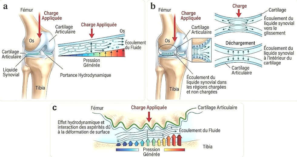 Schéma médical et mécanique de l'imbibition du cartilage articulaire et de l'écoulement du liquide synovial sous l'effet d'une charge hydrodynamique (Loi de Darcy), direction artistique par Catherine Bellières (généré par IA).