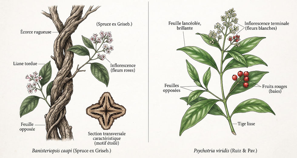 Planche botanique détaillée illustrant les deux composants de l'ayahuasca : la liane Banisteriopsis caapi et les feuilles de Psychotria viridis (chacruna), avec annotations scientifiques sur fond de carnet de terrain.